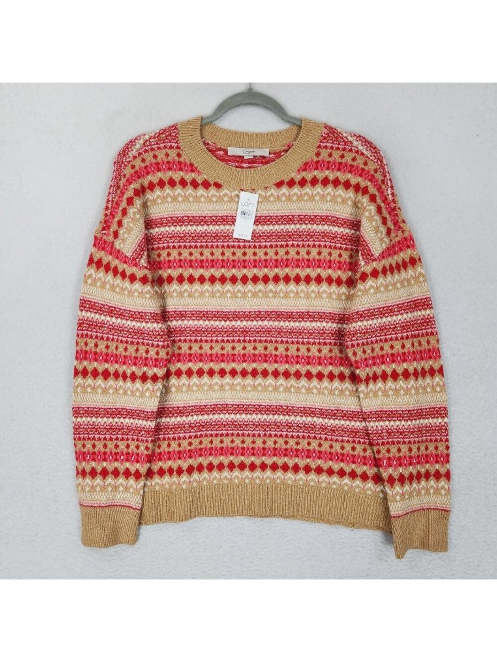 LOFT Sweater Womens Medium Tan Pink Fair Isle Crewneck Holiday Knit Pullover NEW